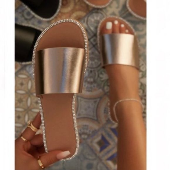 !! NEW !! Embellished Slide Sandals in Rose Gold Champagne - Picture 1 of 6